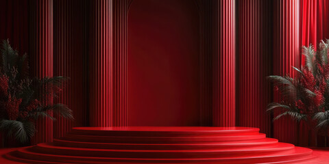 This design concept showcases an empty podium stage set up for a Valentine's Day event. The red ambiance and rose petals create a romantic atmosphere ideal for celebrations, gifts, and proposals