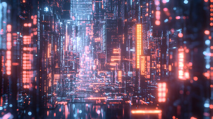 Obraz premium Glowing futuristic cityscape with vibrant neon lights.