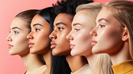 Fototapeta premium Diverse portrait of young women in profile with colorful background