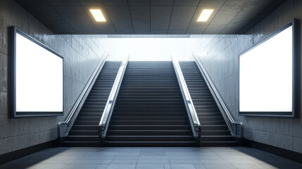 Fototapeta premium 3d stairs going to light and empty white LCD screens for advertising on walls. Exit from underground or subway, staircase construction, ladder building architecture, Realistic vector illustration