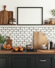 Modern Kitchen Design With Wooden Accents And Blank Frame