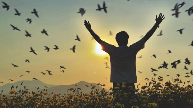 man standing on hill giving freedom to birds, enjoying nature at sunrise, freedom concept