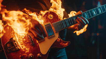Fototapeta premium Flaming electric guitar on black background, bright design, Rock music concept