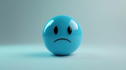 Sad blue emoji sphere on smooth gradient background