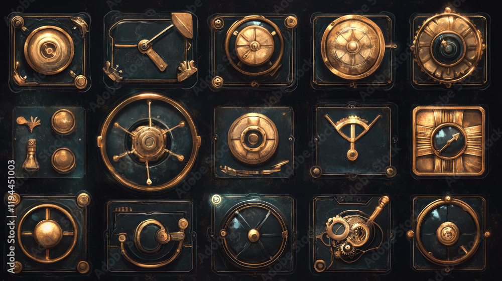 Poster set of user interface elements for mobile games, steampunk style