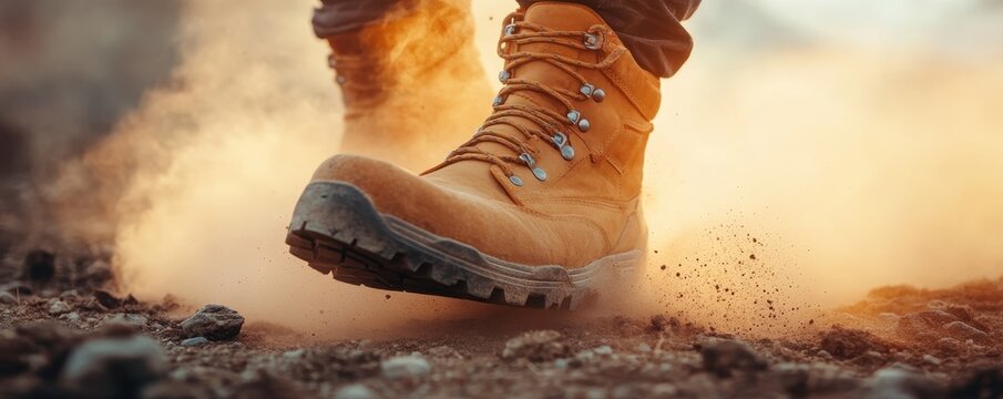 Hiking adventure with dusty boot kicking up dirt on rugged trail