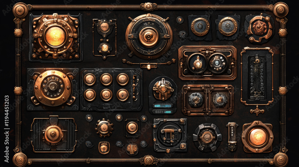 Poster set of user interface elements for mobile games, steampunk style