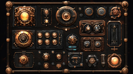 Set of user interface elements for mobile games, steampunk style