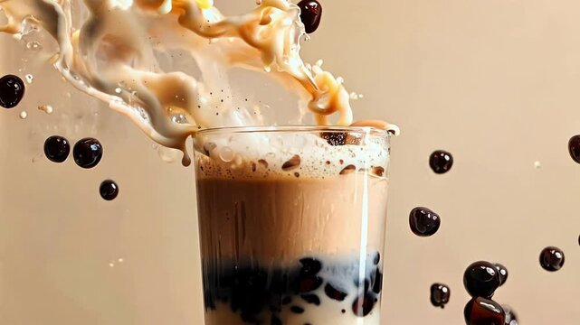 Iced milk tea with tapioca pearls, milk splashes, and pearls frozen in mid-air, set against a brown background. ai