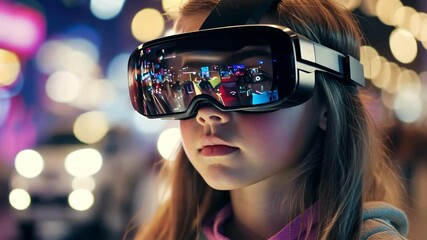 A young girl explores augmented reality applications at an educational fair, designing interactive games that merge fun and learning.