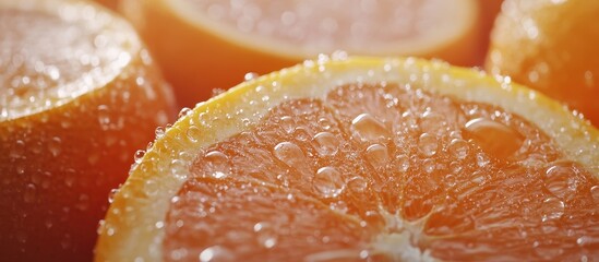 Close-Up of Fresh Orange Slices with Water Droplets Highlighting Juicy Texture and Vibrant Color in Natural Light
