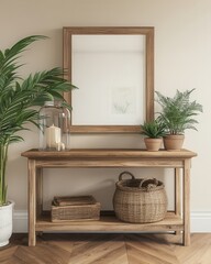 Wooden Console Table Decorated With Plants And Basket