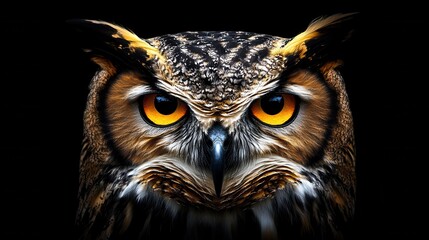 Obraz premium Majestic close-up of a great horned owl with intense amber eyes on a black background