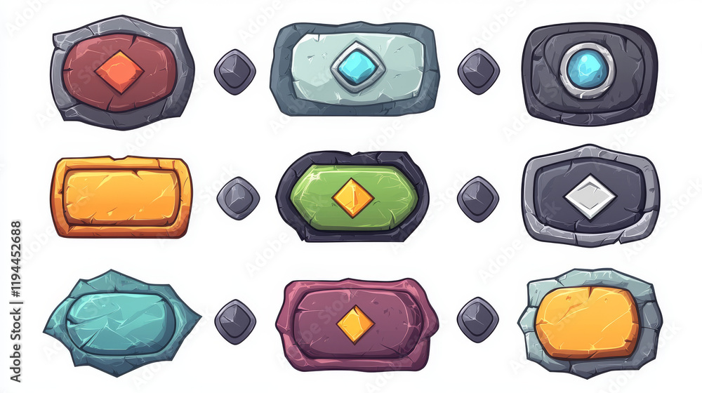 Poster rock frame ui board button, stone texture game interface cartoon vector set. medieval gui plate icon
