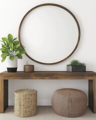 Modern Minimalist Console Table With Round Mirror And Accessories