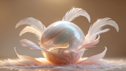 Elegant render of a large iridescent sphere surrounded by delicate feathers on a soft surface in a warm light setting