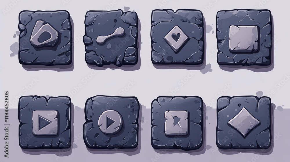 Poster rock frame ui board button, stone texture game interface cartoon vector set. medieval gui plate icon