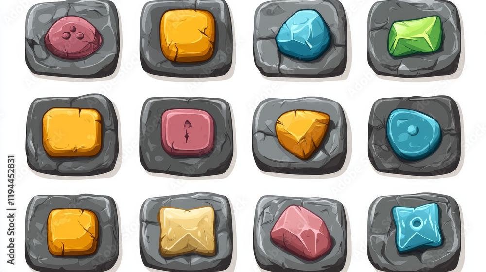 Poster rock frame ui board button, stone texture game interface cartoon vector set. medieval gui plate icon