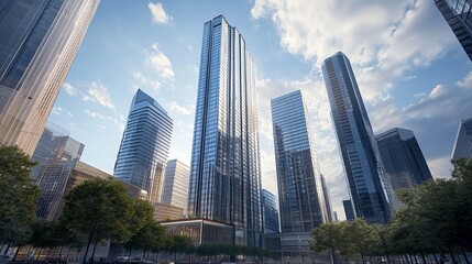 Fototapeta premium This image captures the grandeur of London's modern architecture, showcasing towering buildings reaching towards the sky. It emphasizes the scale and impressiveness of the city's urban landscape. 