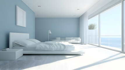 Luxurious bedroom with white tones and panoramic windows.