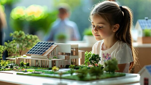 A young girl presents a model of a futuristic home incorporating smart farming and sustainable energy systems for her school project.