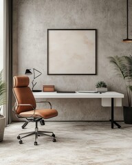 Modern Home Office Workspace With Leather Chair and Artwork