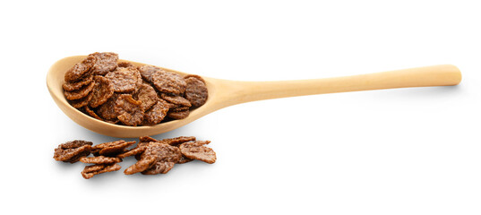 Chocolate corn flakes on wooden spoon