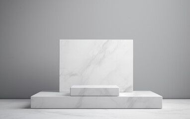 Three step of white marble product display on gray background with modern backdrops studio. Empty pedestal or podium platform. 3D Rendering