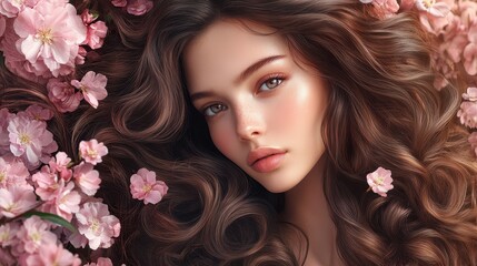 Young woman with long hair surrounded by pink flowers, relaxing in a floral setting