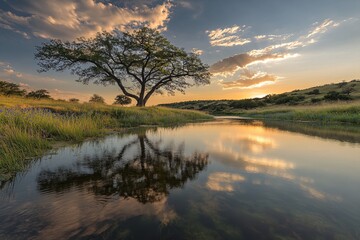 Fototapeta premium Serene Sunset Landscape River Tree Reflection Golden Hour Nature