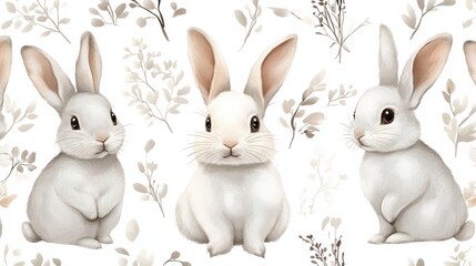 Fototapeta premium Funny bunny seamless pattern. Rabbits cartoon textile print, cute bunnies wallpaper. Pretty cartoon wild animals characters for kids, vector background