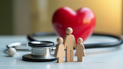 Stethoscope Wrapped Around Wooden Figurines Representing a Family, with a Red Heart in the Background.