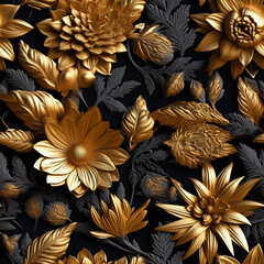Floral wallpaper backdrop with gold flowers and leaves on black background Gold Flowers Wallpaper Background
