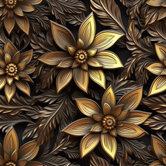 Floral wallpaper backdrop with gold flowers and leaves on black background Gold Flowers Wallpaper Background
