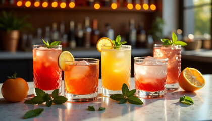 Colorful cocktails on a marble table in bar setting