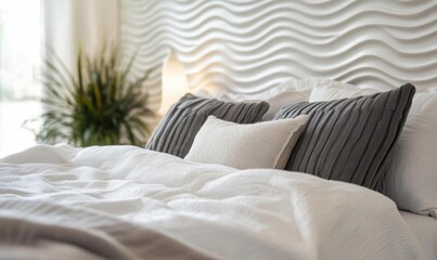 A serene bedroom featuring textured pillows and a wave-patterned wall.