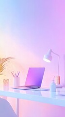 Pastel Workspace Featuring Laptop and Desk Lamp