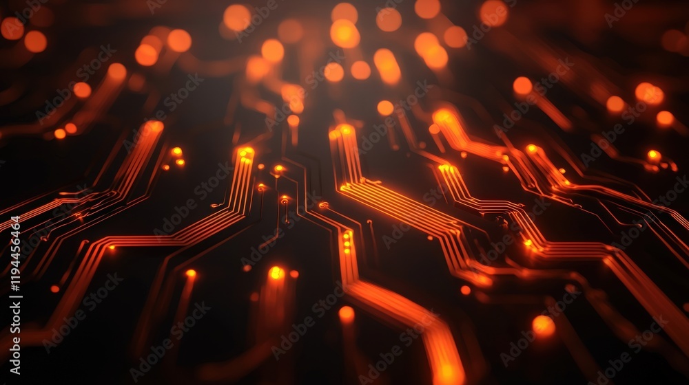 Poster a close-up view of a circuit board illuminated by glowing orange lights, showcasing intricate pathwa