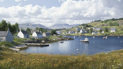 Fototapeta premium Idyllic lakeside village with boats and traditional cottages in a serene landscape