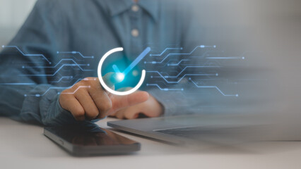 Businessmen touching a checked icon on the virtual screen. Service guarantee, Validation concept...