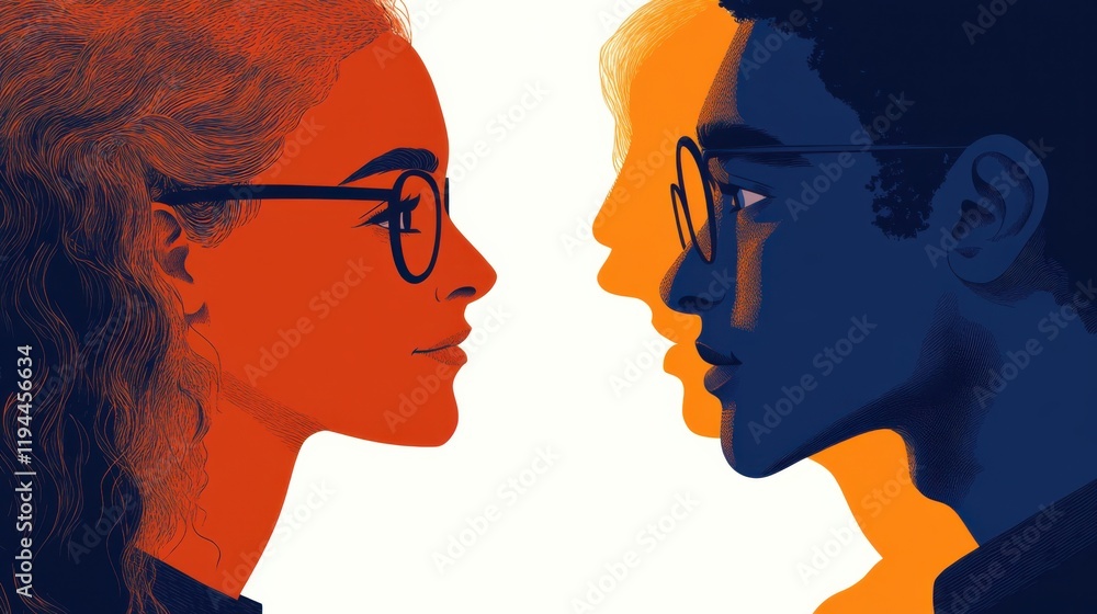 Aufkleber abstract portrait of two diverse people facing each other in vivid colors, representing unity and un
