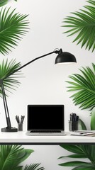 Modern Minimalist Workspace With Tropical Leaves