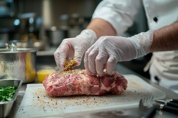 Chef preparing seasoned pork roast in kitchen culinary showcase modern restaurant environment close-up viewpoint