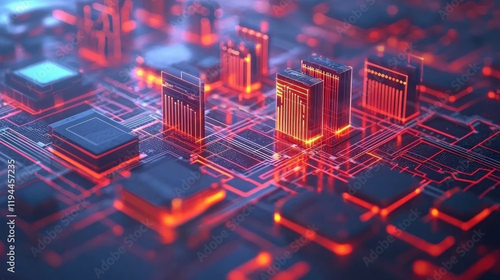 Poster a vibrant close-up of a futuristic circuit board with glowing red and blue components, illustrating 