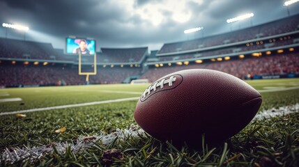 Close-Up of a Football on the Field with a Stadium and Fans in the Background Under Dramatic Cloudy Sky During a Game Day