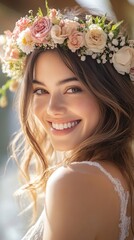 Naklejka premium Portrait of a smiling woman with a flower crown on her head