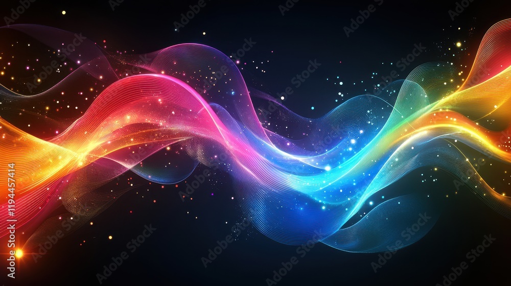 Poster colorful abstract waves with sparkling light effects in dynamic flow