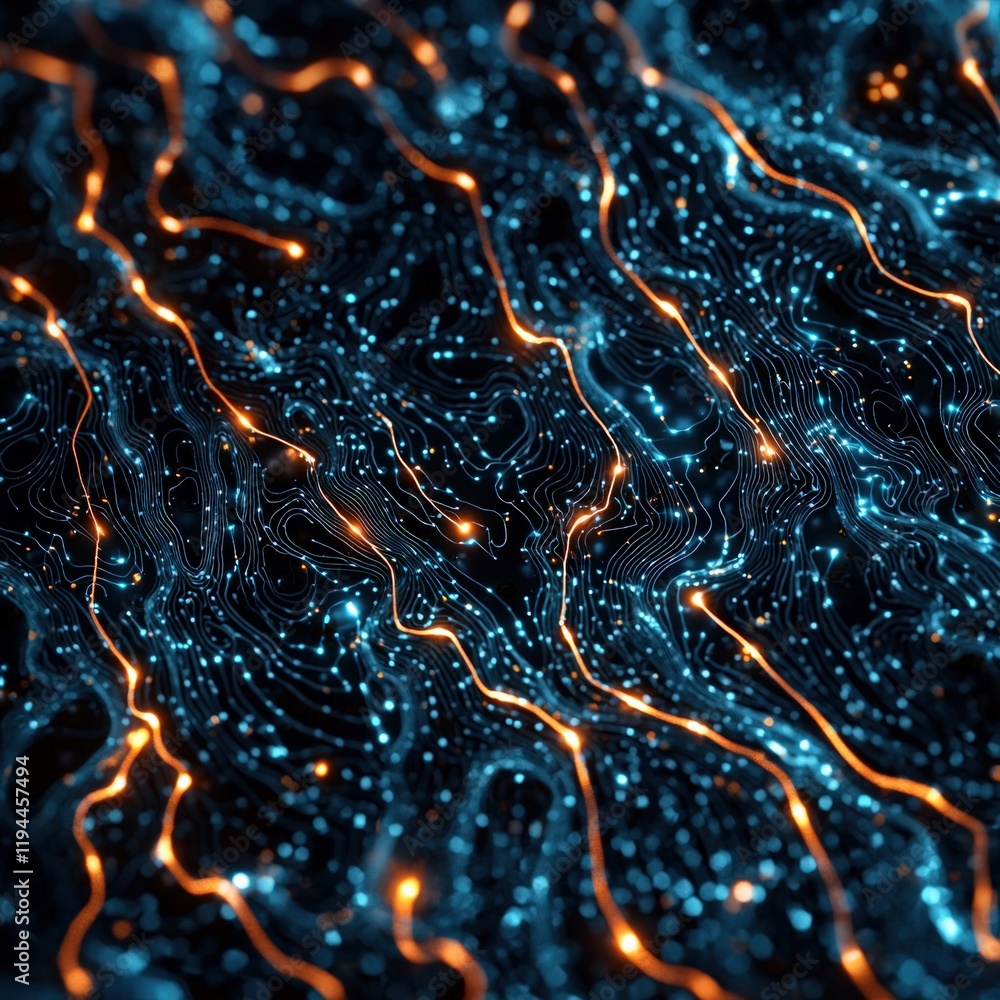 Poster a mesmerizing abstract pattern of glowing blue and orange lines against a dark background, evoking a