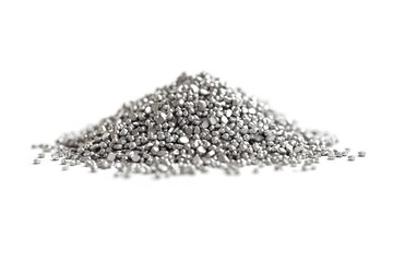 Close-up of a pile of small, metallic silver granules isolated on a white background.