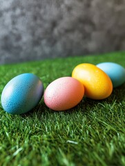 easter, holidays and tradition concept - colored eggs on artificial grass